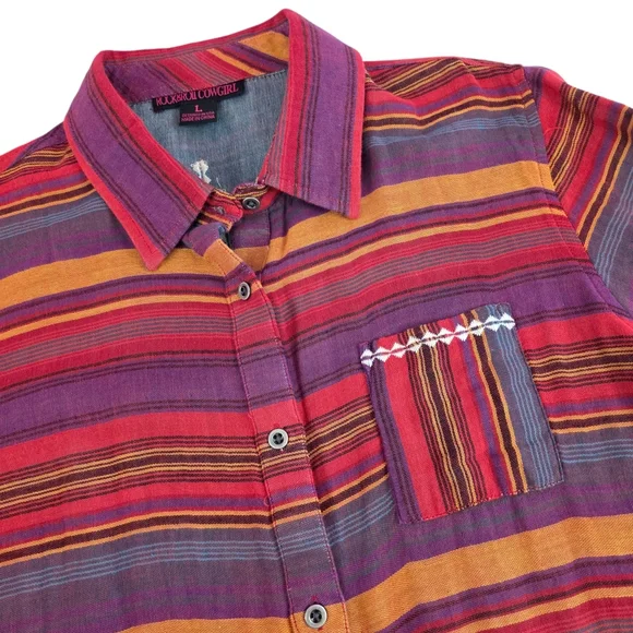 Rock & Roll Cowgirl Aztec Western Cowgirl Button Down Embroidered Gauzy Shirt L - Picture 3 of 8